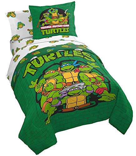 Jay Franco Nickelodeon Teenage Mutant Ninja Turtles Green Bricks 5 Piece Twin Bed Set - Includes Reversible Comforter & Sheet Set Bedding - Super Soft Fade Resistant Microfiber