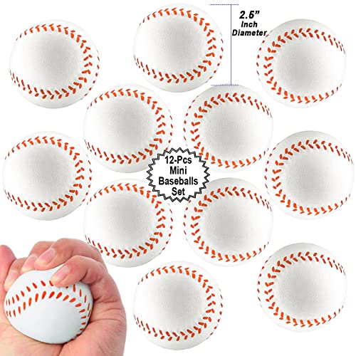 Mini Sports Balls for Kids Party Favor Toy, Soccer Ball, Basketball, Football, Baseball (12 Pack) Squeeze Foam for Stress, Anxiety Relief, Relaxation. (12 Pack (Baseballs))