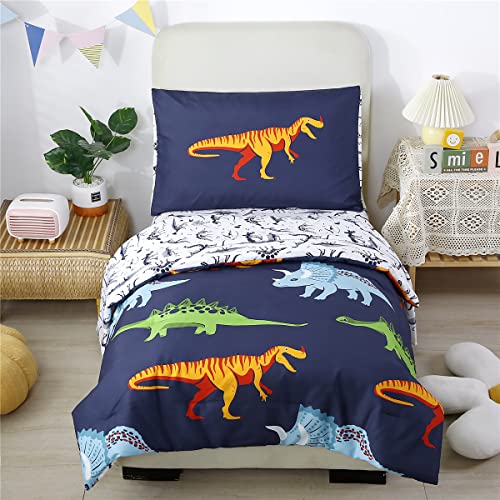 URBONUR 4-Piece Toddler Bedding Set - Ultra Soft Cartoon Jurassic Dinosaur Print Boys Toddler Comforter Set - Include Comforter, Flat Sheet, Fitted Sheet and Reversible Pillowcase, Navy Dinosaur