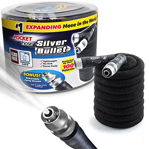 Pocket Hose Silver Bullet 50 ft Turbo Shot Nozzle Multiple Spray Patterns Expandable Garden Hose 3/4 in Solid Aluminum Fittings Lead-Free Lightweight and No-Kink