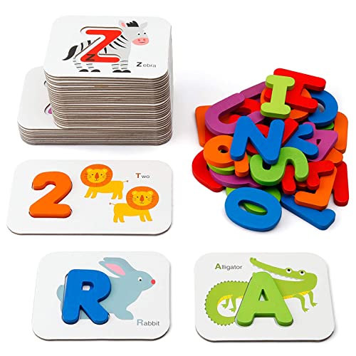 Coogam Numbers and Alphabets Flash Cards Set - ABC Wooden Letters and Numbers Animal Pattern Board Matching Puzzle Game Montessori Educational Learning Toys Gift for Preschool Kids Age 3 4 5 Years