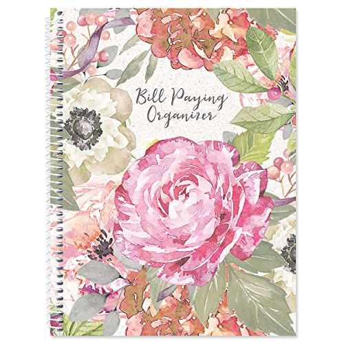 Pale Peony Bill Paying Organizer Book - Large 9' by 12 inch, Spiral-Bound, 14 Pocket Pages, 32 Label Stickers, Bill Tracking Receipt Storage