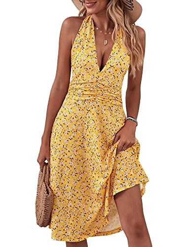 HUHOT Summer Yellow Dress Women Casual Resort Wear Sundresses for Beach Vacation Cruise Spring Boho Halter Mini Easter Dresses for Teens 2024 Outfits