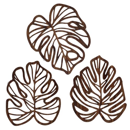 Tatuo Tropical Wall Art, 3 Pcs Wooden Palm Leaves Wall Decor, Wooden Leaves Plant Wall Decor, Wood Hanging Sculpture Vintage Tropical Plant Plaque for Home Bathroom Living Room Office (Brown)
