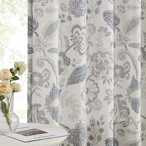 Kayne Studio Backtab Rod Pocket Jacobean Floral Semi Sheer Curtains Boho Botanical Leaf Printed Vintage Farmhouse Blue Grey Light Filtering Window Treatment Sets Living Room Bedroom,52'x84',2 Panels