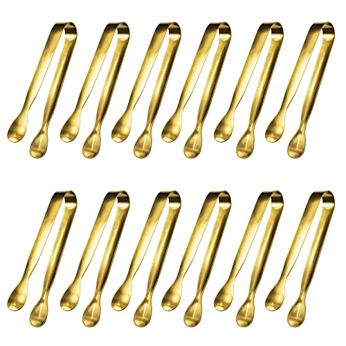 JCREN 12 Pcs Serving Tongs, Small Serving Utensils for Parties Catering Gold Tongs, Food-Grade 304 Stainless Steel Mini Appetizer Tongs for Tea Party Coffee Bar, 4' Sugar Tongs - Gold