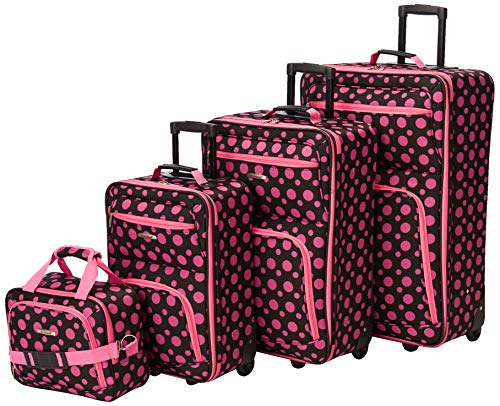 Rockland Fashion Softside Upright Luggage Set, Black/Pink Dot, 4-Piece (14/19/24/28)