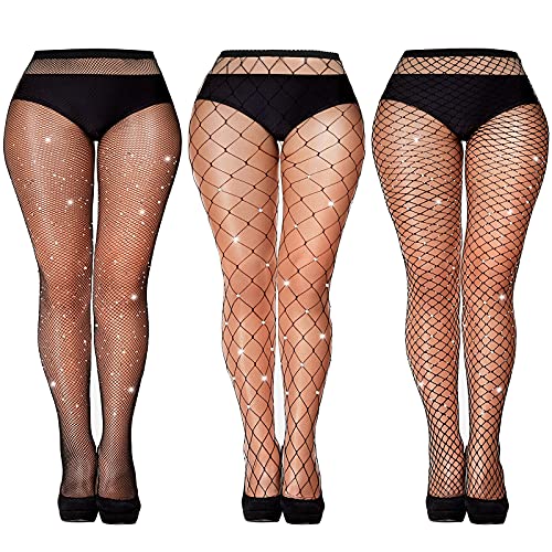 Geyoga 3 Pairs Glitter Rhinestone Fishnets Stockings Sparkly Tights Shimmer Pantyhose One Size High Waist Mesh Fishnet Tights for Women (Black)