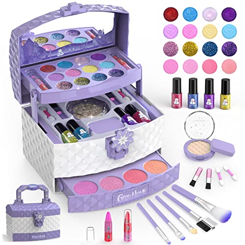 GirlsHome Kids Makeup Kit for Girl 35 Pcs Washable Toddler Makeup Kit, Girl Toys Real Cosmetic Little Girls Makeup Set, Safe & Non-Toxic Frozen Makeup Set for 3-12 Year Old Kids Birthday Gift (Purple)