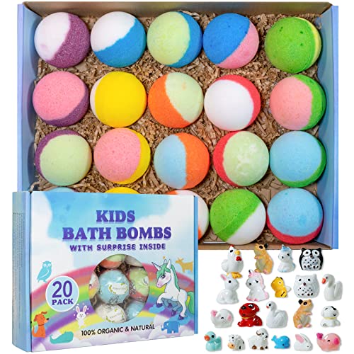 Yekery Bath Bomb Gift Set with Toys Inside, 20 Pack Organic Bath Bombs for Kids, Kids Safe Handmade Fizzy Balls for Kid, Ideal Birthday Gift for Boys & Girls