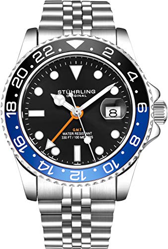Stuhrling Original Men's Watch Stainless Steel Jubilee Bracelet Dual Time Date with Screw Down Crown