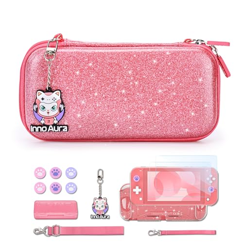 innoAura Switch Lite Carrying Case, Switch Lite Accessories Set with Fashion Switch Lite Bag, Switch Lite Cover, Switch Lite Screen Protector, Switch Game Case and Cat Thumb Caps (Sequins Pink)