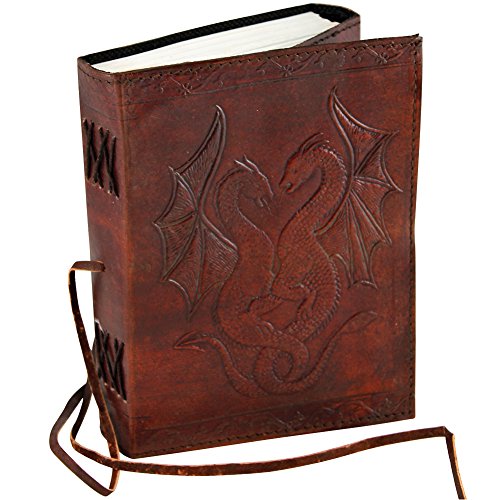 AzureGreen DOUBLE DRAGON Blank Page BOOK Handcrafted Leather Writing Unlined 5 x 7 JOURNAL (Brown)