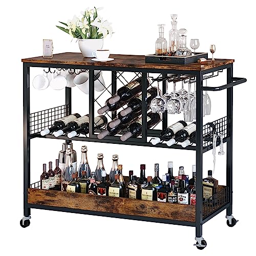 IRONCK Bar Cart, Serving Cart with Wine Rack Glasses Holder Kitchen Cart on Wheels Wood and Metal Frame, Vintage Brown