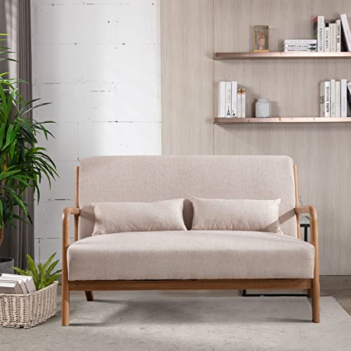 INZOY 50' Love seat Sofa 2-Seater Mid Century Modern Accent Chair, Uplostered 2 Person Couch Loveseat for Small Place Bedroom Office, Wood Frame and Attached 2 Waist Cushions, Beige