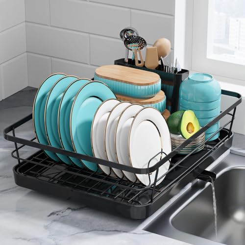 Sakugi Dish Drying Rack - Stainless Steel Dish Rack with Drainboard for Kitchen Counter and Sink, 12.0''W x 15.6''L, Black
