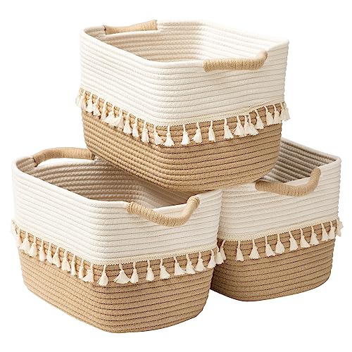 TeoKJ Woven Storage Bin Set of 3, Cotton Rope Basket for Storage, Clothes Storage Basket Bin for Organizing and Storage, 15'x10'x9' Fabric Storage Basket for Books, Plants, Pet Treats, White & Jute