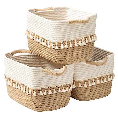 TeoKJ Woven Storage Bin Set of 3, Cotton Rope Basket for Storage, Clothes Boho Storage Basket Bin for Organizing and Storage, Fabric Storage Basket for Books, Plants, Pet Treats, White & Jute