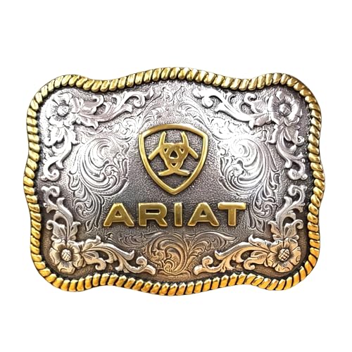 ARIAT Large Scalloped Shape Buckle with Logo, Floral and Scroll Detail, Twisted Rope Trim, 3.75'x 2.75'