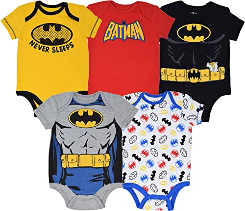 WARNER BROS. Justice League DC Comics Batman Newborn Baby Boys 5 Pack Costume Bodysuits Yellow/Red Black Grey 3-6 Months