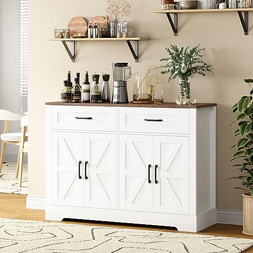 BOTLOG Farmhouse Buffet Cabinet with Storage, 47.2' Storage Cabinet with Drawers, Barn Doors, Sideboard, Bar Cabinet for Kitchen, Dining Room, Hallway, White