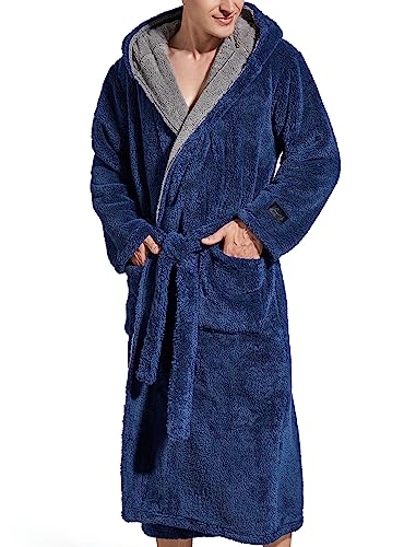 SlumberMee Mens Fleece Plush Robe with Hood Ultra Soft Fluffy Full Length Long with Pockets Luxurious House Coat (Navy Blue, XL)