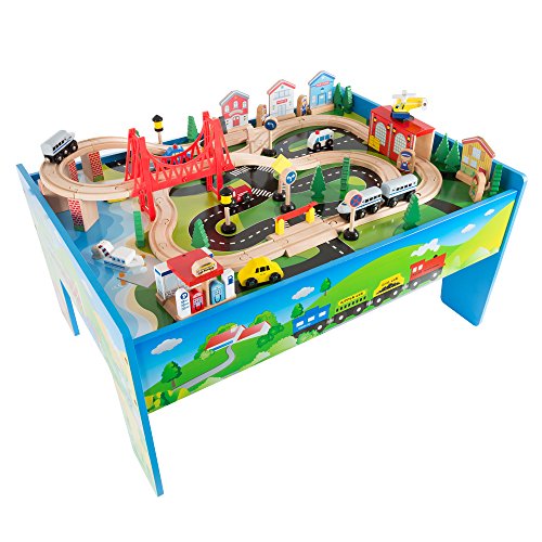 Wooden Train Set Table for Kids, Deluxe Had Painted with Tracks, Cars, Boats, and Accessories for Boys and Girls by Hey! Play!