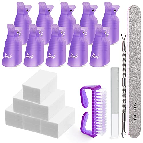 Gel Polish Remover Kit, MORGLES 10pcs Nail Remover Clips Nail Clips 300pcs Nail Wipe Cotton Pads Nano Glass Nail File Cuticle Pusher Nail File Grit 100/180 and Brushes-Purple