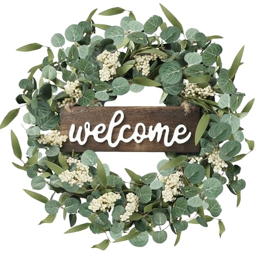 Sggvecsy Green Artificial Eucalyptus Wreath with Welcome Sign 20in Spring Summer Wreath with White Berries for Front Door Wall Window Festival Farmhouse Porch Patio Garden Decor