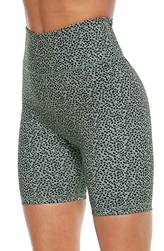 PERSIT Women's High Waist Print Workout Yoga Shorts with 2 Hidden Pockets, Non See-Through Tummy Control Athletic Shorts Bean Green Leopard