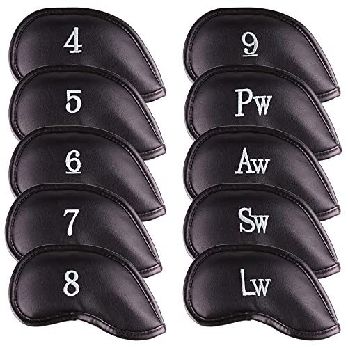All Teed Up Premium Magnetic Leather Iron and Wedge Golf Club Head Covers | Set of 10 | Fits Most Clubs | Embroidered Club Label on Both Sides of Club Head Cover