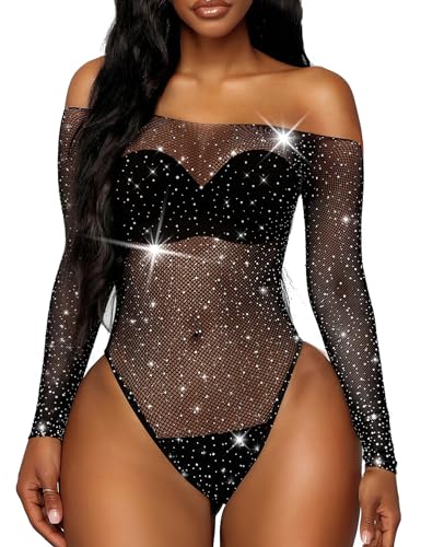 RSLOVE Women's Sexy Mesh Lingerie Sparkle Fishnet Bodysuit Babydoll One Piece Fishnet Teddy Black