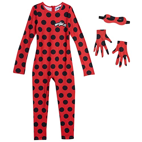 Miraculous Ladybug Big Girls Cosplay Jumpsuit Gloves and Mask 3 Piece Costume Set Polka Dots Red 10-12