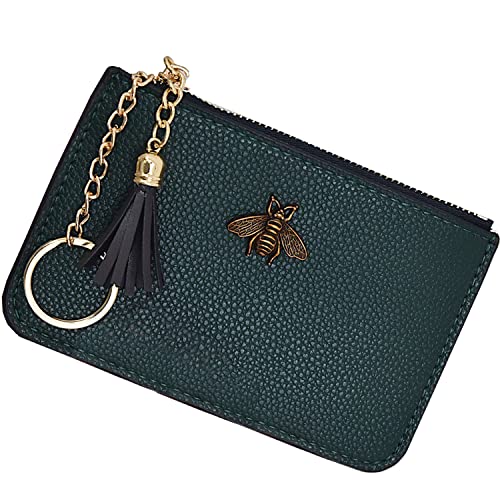 AnnabelZ Women's Coin Purse Change Wallet Pouch Leather Card Holder with Key Chain Tassel Zip (Dark Green)