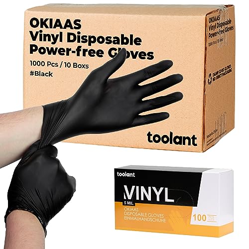 OKIAAS Black Disposable Gloves Large, Vinyl Gloves Disposable Latex Free, 5 mil, 50 Count, for Food Prep, Household Cleaning, Hair Dye, Tattoo