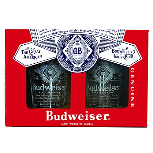 Budweiser Pint Glasses, Beer Glass Set for Beverages, Soda, Water, Holds 16 Ounces, 2 Pack