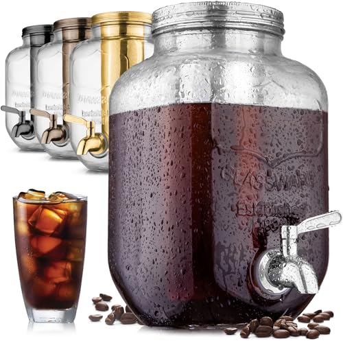 Zulay Kitchen 1 Gallon Cold Brew Coffee Maker - Large Iced Tea & Cold Brew Pitcher with Extra-Thick Glass & Stainless Steel Infuser - Drink & Beverage Dispenser Jar with Airtight Lid & Spout (Silver)