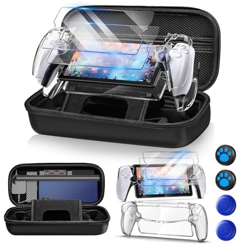 12 in 1 Accessories Set for Playstation Portal Remote Player, Hard Carrying Case for PS Portal with Clear Skin Case for PS5 Portal, 2 Screen Protector with 4 Thumb Grip, Carbon Black