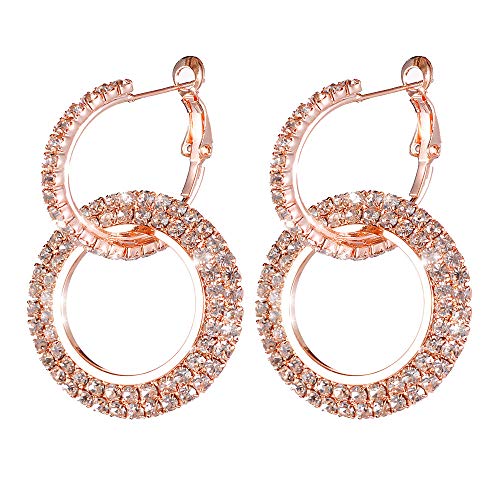 Bokeley Wome Earrings, Fashion Exquisite Luxury Round Diamond Crystal Drop Earrings Bling Glitter Ear Stud for Women (Rose Gold)