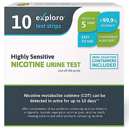 Exploro Highly Sensitive Nicotine Test - Detects Nicotine Metabolite Cotinine in Urine for up to 10 Days - Accurate Results in 5 Minutes - 10 Strips with Cut-Off Level of 200 ng/ml