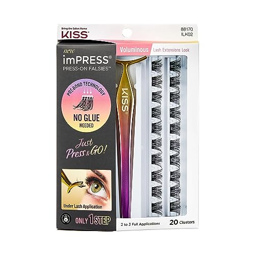 KISS imPRESS Falsies False Eyelashes, Lash Clusters, Voluminous', 14 mm, Includes 20 Clusters, 1 applicator, Contact Lens Friendly, Easy to Apply, Reusable Strip Lashes
