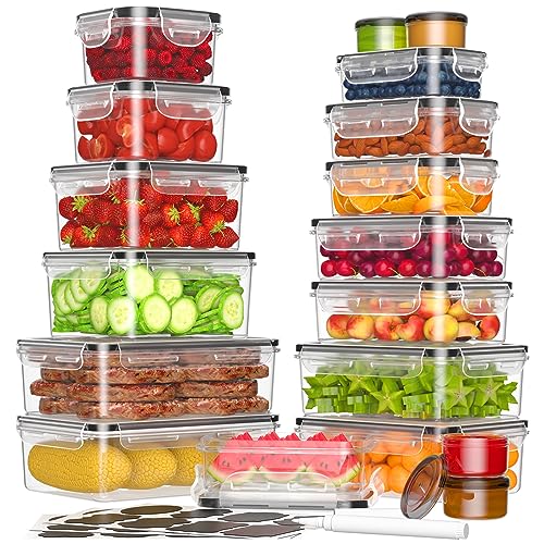 KEMETHY 36-Piece Food Storage Containers with Lids(18 Containers & 18 Lids), Plastic Food Containers for Pantry & Kitchen Storage and Organization, BPA-Free, Leak Proof, Reusable with Labels & Pen