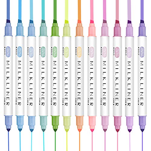 YOOUSOO Double Highlighters Pens Assorted Colors, 12 Colors Broad and Fine Tips Highlighter Pastel Marker Set for Student Office Classroom