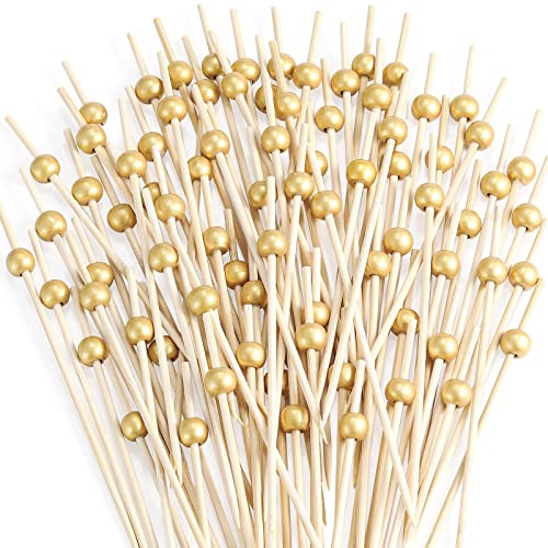 200 Pcs Cocktail Picks, 4.7 Inch Toothpicks for Appetizers, Bamboo Cocktail Sticks Skewers for Drinks, Desserts, Charcuterie, Wedding Party Fancy Toothpicks, Gold Pearl Mini Food Picks Decorative