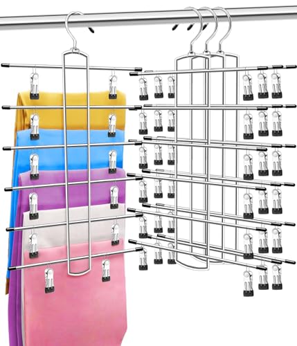 3 Pack Closet-Organizer-Pants-Hangers-Space-Saving,Metal Closet-Organizers-and-Storage,6 Tier Organization and Storage Short Skirt Hangers Cilp,Dorm Room Essentials for College Students Girls Boys Guy