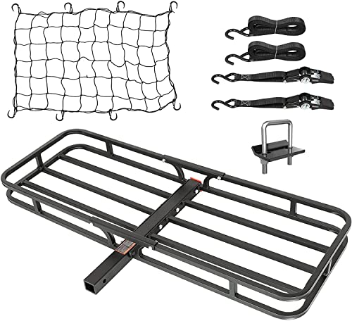 WEIZE 53 x 19 x 4-1/8 Inch Hitch Cargo Carrier, 500 lbs Capacity Steel Hitch Cargo Rack Basket with Net, Strap, Tightener for Car SUV Truck Traveling Camping, 2' Receiver