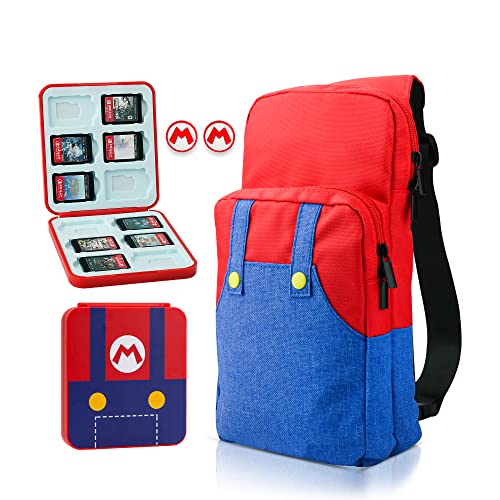 GLDRAM Theme for Mario Switch Travel Bag, Cute Carrying Bag for Nintendo Switch/OLED/Lite, Breathable Switch Crossbody Shoulder Backpack Accessories Bundle with 12 Slots Game Case Holder & Thumb Caps
