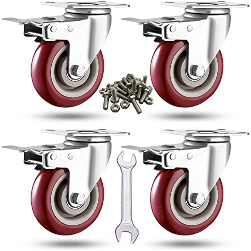 ABSLIMUS 4 inch Heavy Duty Casters Load 2400lbs, Lockable Bearing Plate Caster Wheels with Brakes, 360-degree Swivel Casters for Furniture and Workbench Cart, Set of 4 (Free Screws and a Spanner)
