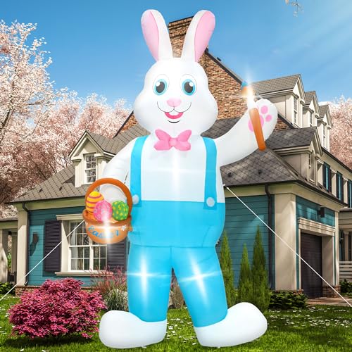 12FT Easter Inflatables Decorations, Huge Easter Bunny Inflatables Outdoor, Lighted Blow Up Standing Easter Rabbit Holding Colorful Eggs Basket for Spring Easter Holiday Yard Lawn Patio Party Decor