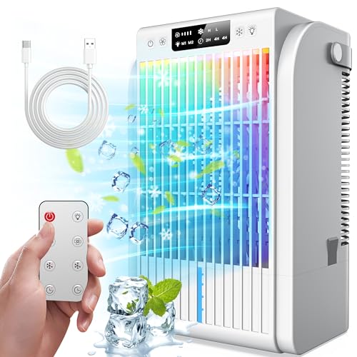 Portable Air Conditioners Fan,Portable AC Unit With 1500ML Water Tank,4-IN-1 Evaporative Air Cooler with Remote Control 7 Color Light Personal Mini Air Conditioner Portable for Room Car Office Camping